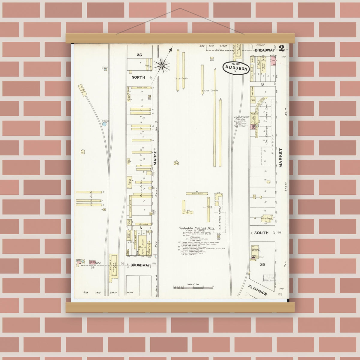 Old map wall art mockup — magnetic wood frame on brick wall — Sanborn Fire Insurance Map from Audubon, Audubon County, Iowa (1890), Sheet #0002