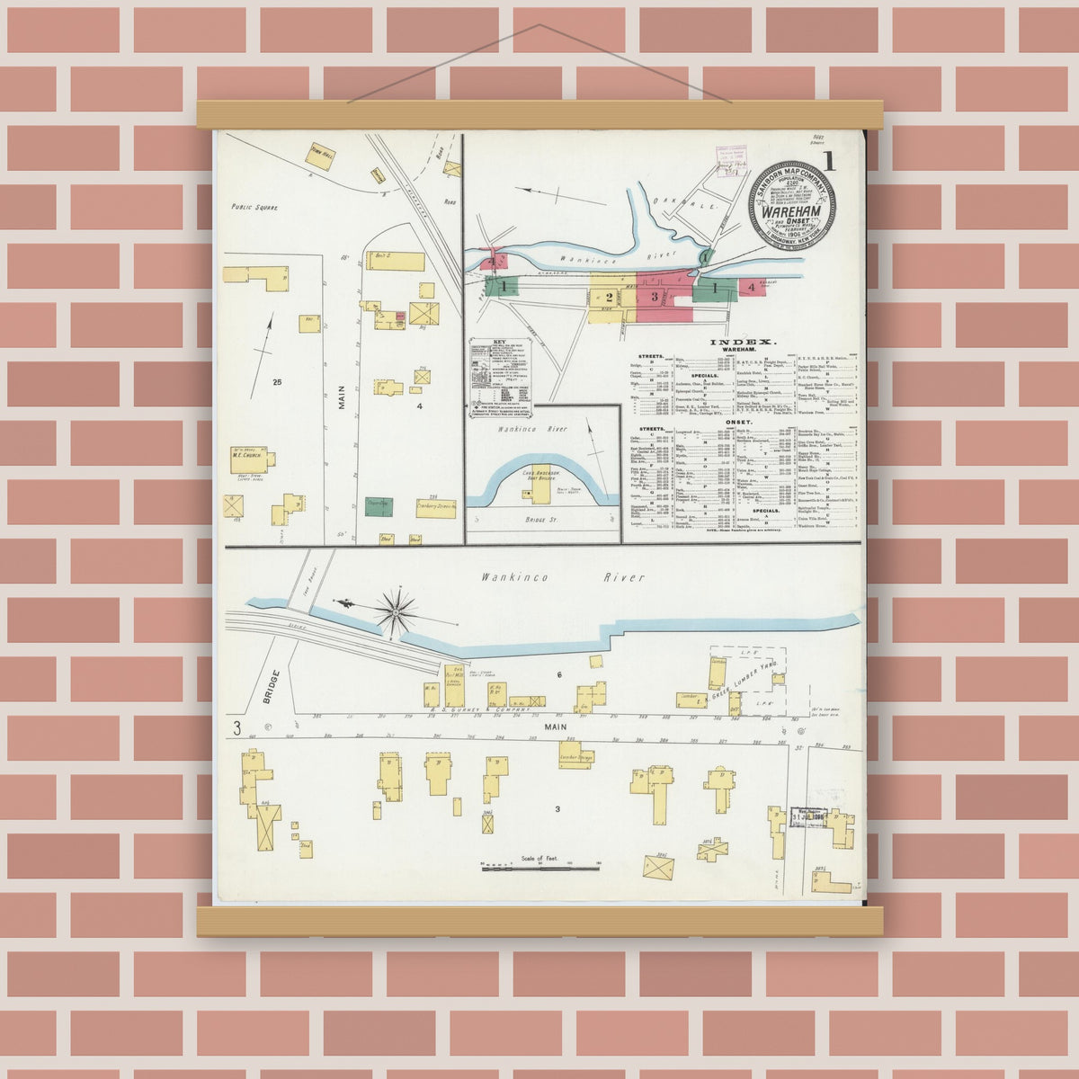 Old map wall art mockup — magnetic wood frame on brick wall — Sanborn Fire Insurance Map from Wareham, Plymouth County, Massachusetts (1906) - Complete Map Set