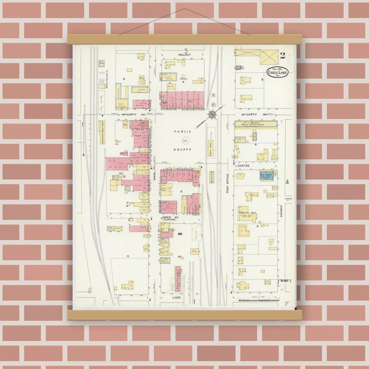 Old map wall art mockup — magnetic wood frame on brick wall — Sanborn Fire Insurance Map from Eagle Lake, Colorado County, Texas (1912), Sheet #0002