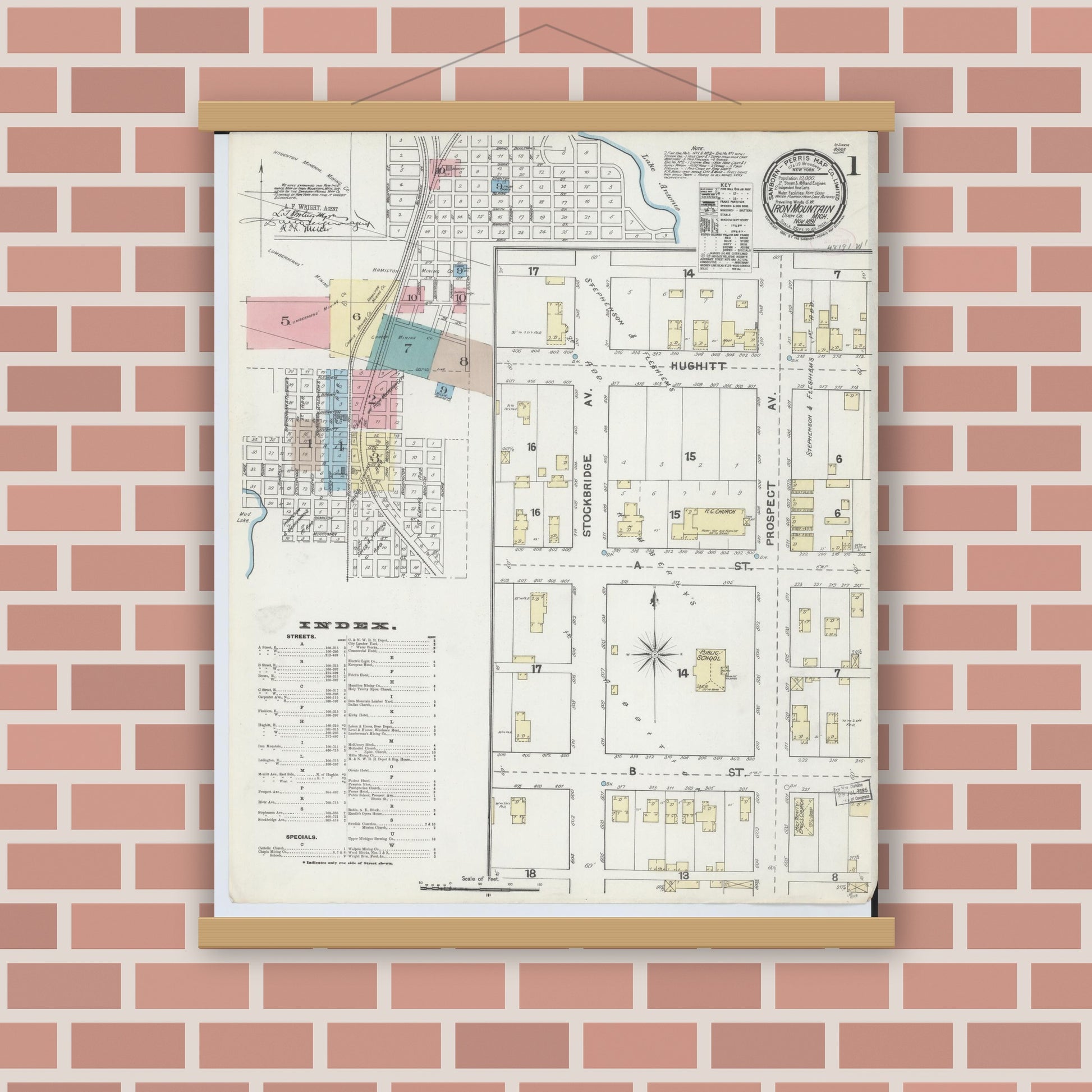 Old map wall art mockup — magnetic wood frame on brick wall — Sanborn Fire Insurance Map from Iron Mountain, Dickinson County, Michigan (1891) - Complete Map Set