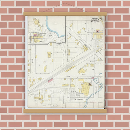 Old map wall art mockup — magnetic wood frame on brick wall — Sanborn Fire Insurance Map from Fremont, Newaygo County, Michigan (1894), Sheet #0004