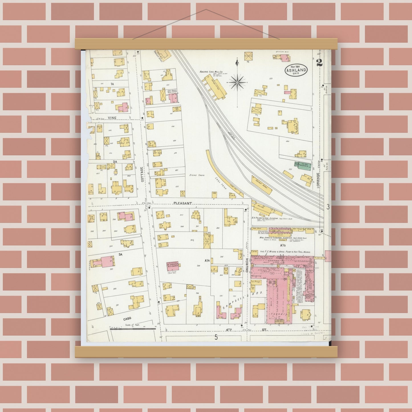 Old map wall art mockup — magnetic wood frame on brick wall — Sanborn Fire Insurance Map from Ashland, Ashland County, Ohio (1904), Sheet #0002