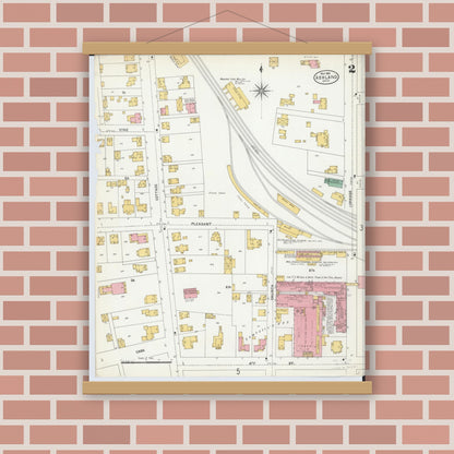Old map wall art mockup — magnetic wood frame on brick wall — Sanborn Fire Insurance Map from Ashland, Ashland County, Ohio (1904), Sheet #0002