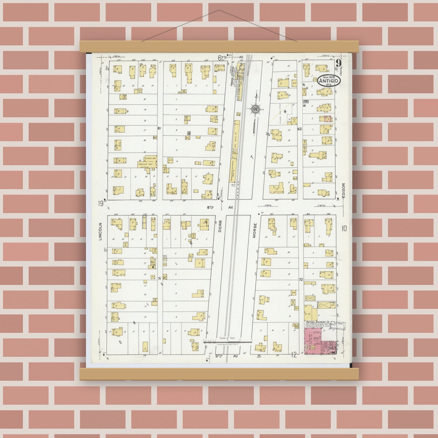 Old map wall art mockup — magnetic wood frame on brick wall — Sanborn Fire Insurance Map from Antigo, Langlade County, Wisconsin (1919), Sheet #0009