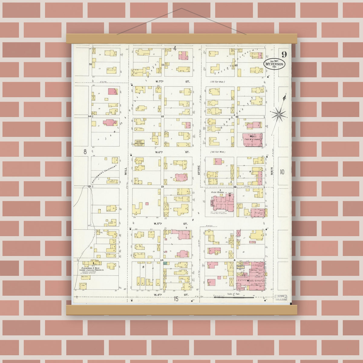Old map wall art mockup — magnetic wood frame on brick wall — Sanborn Fire Insurance Map from Mount Vernon, Posey County, Indiana (1907), Sheet #0009