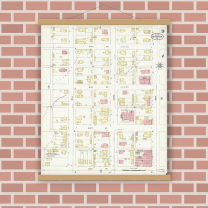 Old map wall art mockup — magnetic wood frame on brick wall — Sanborn Fire Insurance Map from Mount Vernon, Posey County, Indiana (1907), Sheet #0009