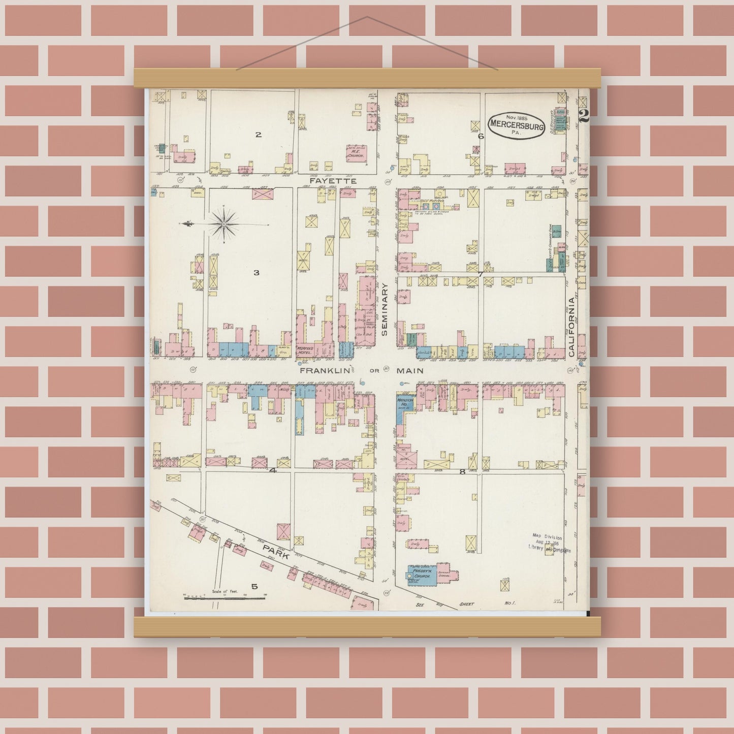 Old map wall art mockup — magnetic wood frame on brick wall — Sanborn Fire Insurance Map from Mercersburg, Franklin County, Pennsylvania (1885), Sheet #0002