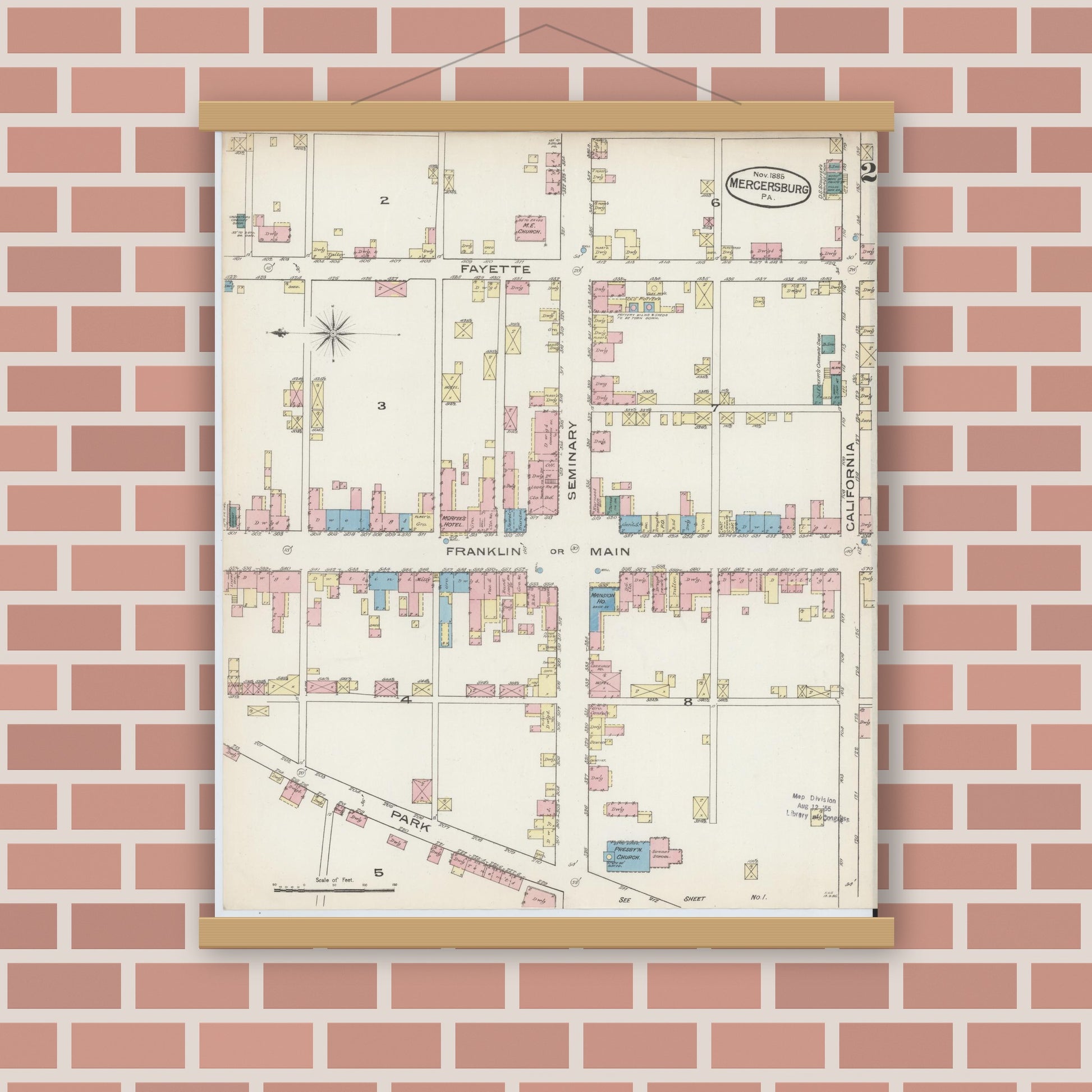 Old map wall art mockup — magnetic wood frame on brick wall — Sanborn Fire Insurance Map from Mercersburg, Franklin County, Pennsylvania (1885), Sheet #0002