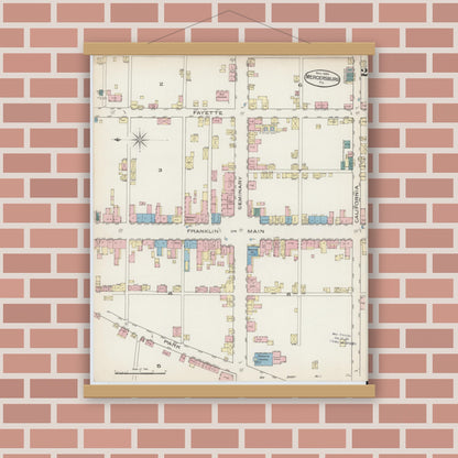Old map wall art mockup — magnetic wood frame on brick wall — Sanborn Fire Insurance Map from Mercersburg, Franklin County, Pennsylvania (1885), Sheet #0002