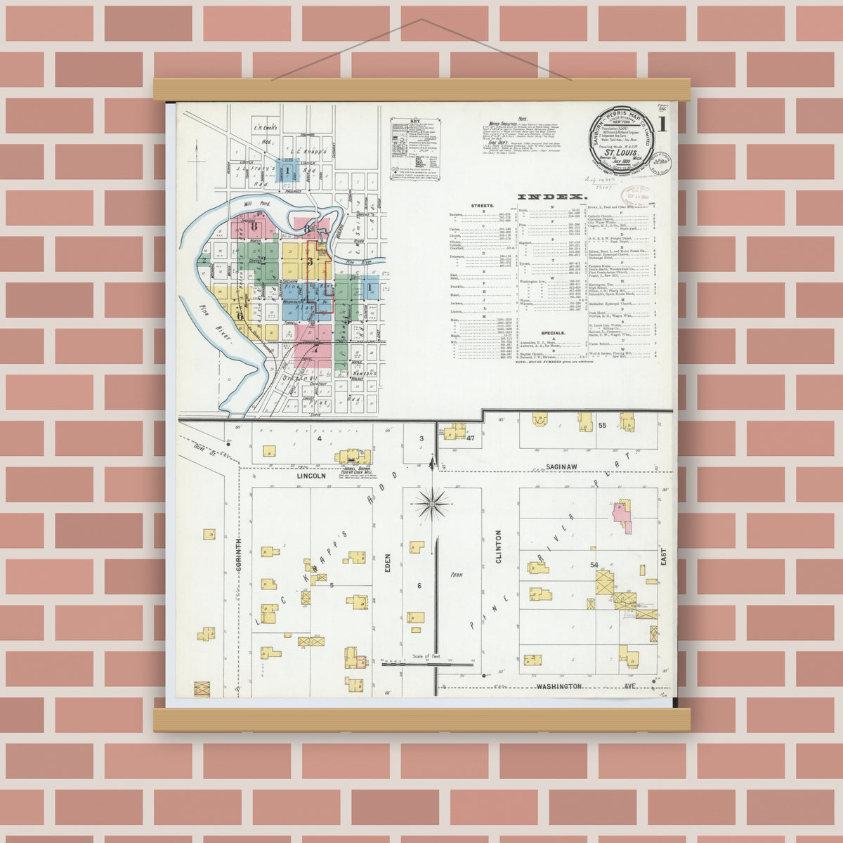Old map wall art mockup — magnetic wood frame on brick wall — Sanborn Fire Insurance Map from Saint Louis, Gratiot County, Michigan (1899), Sheet #0001