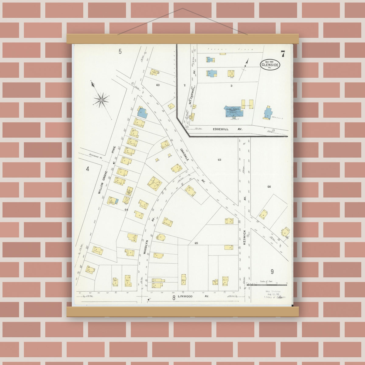 Old map wall art mockup — magnetic wood frame on brick wall — Sanborn Fire Insurance Map from Glenside, Montgomery County, Pennsylvania (1909), Sheet #0007