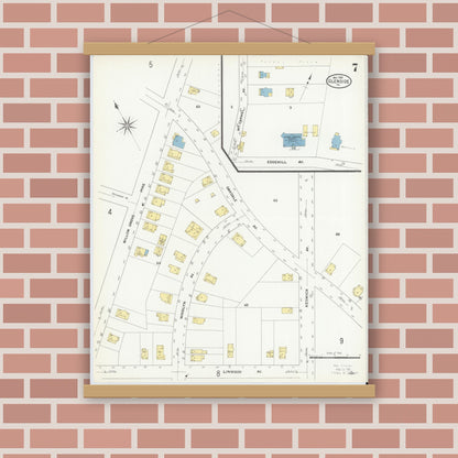 Old map wall art mockup — magnetic wood frame on brick wall — Sanborn Fire Insurance Map from Glenside, Montgomery County, Pennsylvania (1909), Sheet #0007