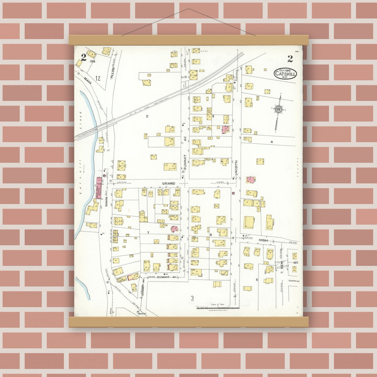 Old map wall art mockup — magnetic wood frame on brick wall — Sanborn Fire Insurance Map from Catskill, Greene County, New York (1923), Sheet #0002