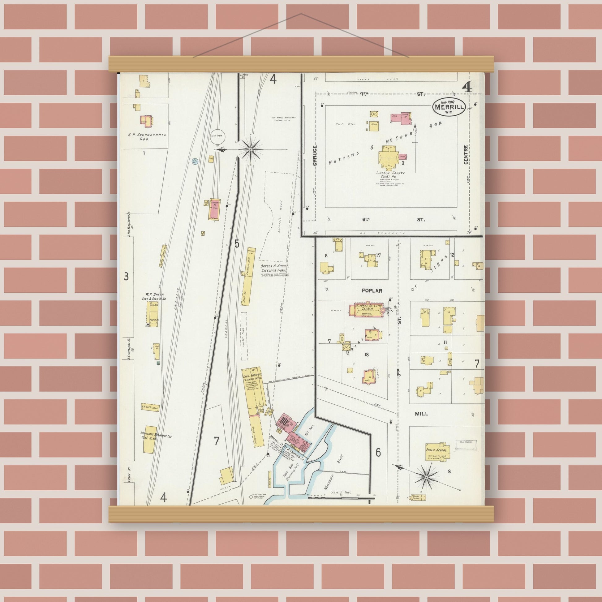 Old map wall art mockup — magnetic wood frame on brick wall — Sanborn Fire Insurance Map from Merrill, Lincoln County, Wisconsin (1902), Sheet #0004