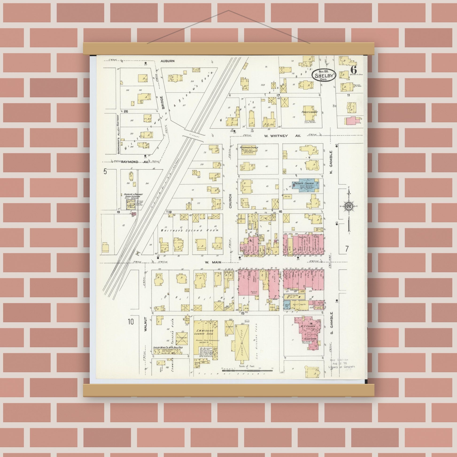 Old map wall art mockup — magnetic wood frame on brick wall — Sanborn Fire Insurance Map from Shelby, Richland County, Ohio (1911), Sheet #0006