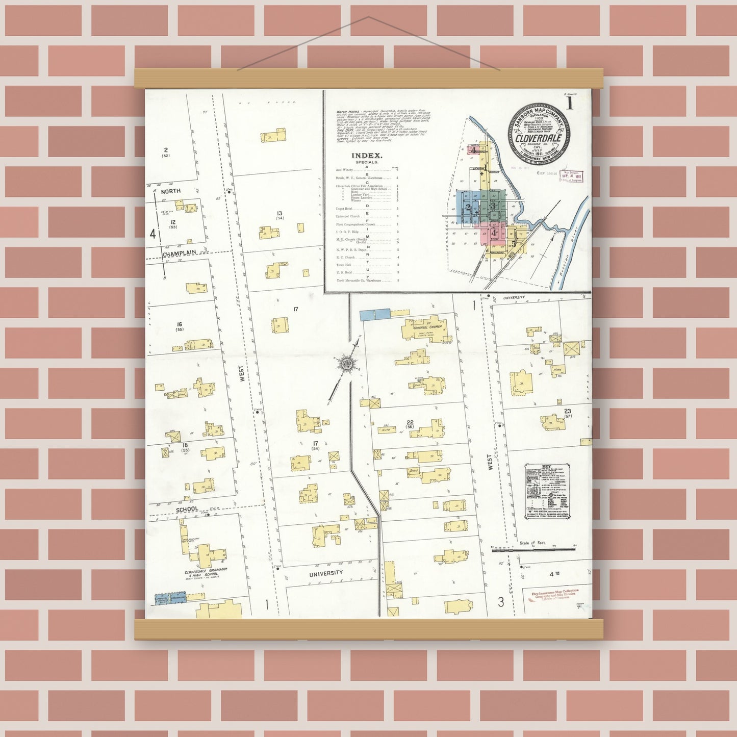 Old map wall art mockup — magnetic wood frame on brick wall — Sanborn Fire Insurance Map from Cloverdale, Sonoma County, California (1911) - Complete Map Set