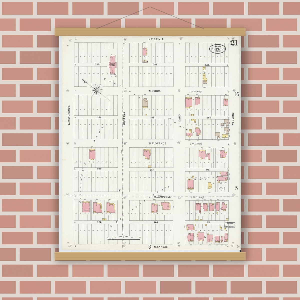 Old map wall art mockup — magnetic wood frame on brick wall — Sanborn Fire Insurance Map from El Paso, El Paso County, Texas (1898), Sheet #0021