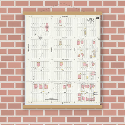 Old map wall art mockup — magnetic wood frame on brick wall — Sanborn Fire Insurance Map from El Paso, El Paso County, Texas (1898), Sheet #0021