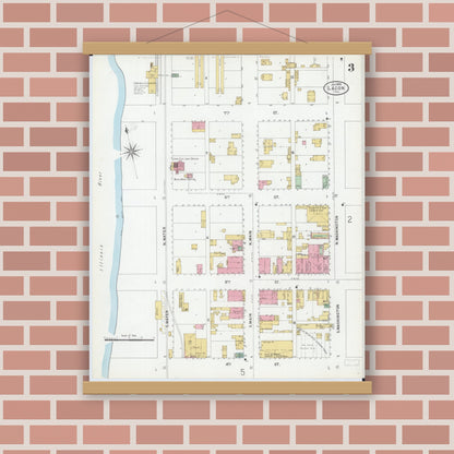 Old map wall art mockup — magnetic wood frame on brick wall — Sanborn Fire Insurance Map from Lacon, Marshall County, Illinois (1899), Sheet #0003