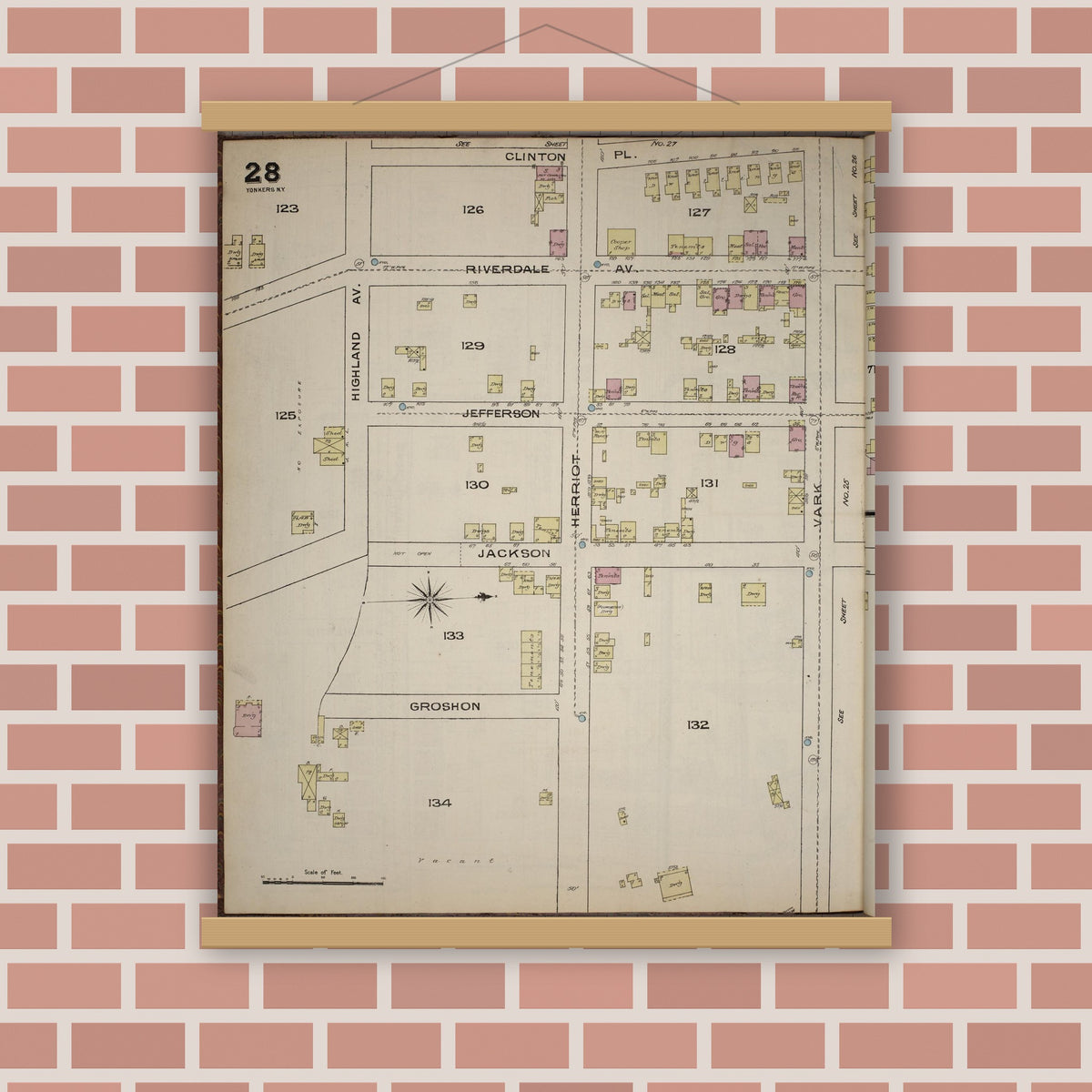 Old map wall art mockup — magnetic wood frame on brick wall — Sanborn Fire Insurance Map from Yonkers, Westchester County, New York (1886), Sheet #0028