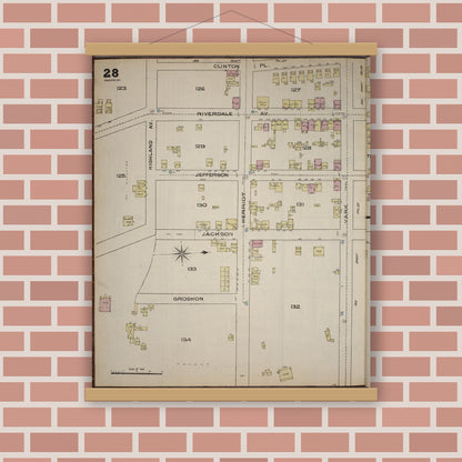 Old map wall art mockup — magnetic wood frame on brick wall — Sanborn Fire Insurance Map from Yonkers, Westchester County, New York (1886), Sheet #0028