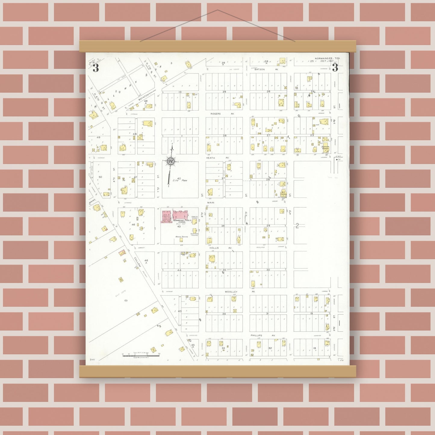 Old map wall art mockup — magnetic wood frame on brick wall — Sanborn Fire Insurance Map from Normangee, Leon County, Texas (1937), Sheet #0003