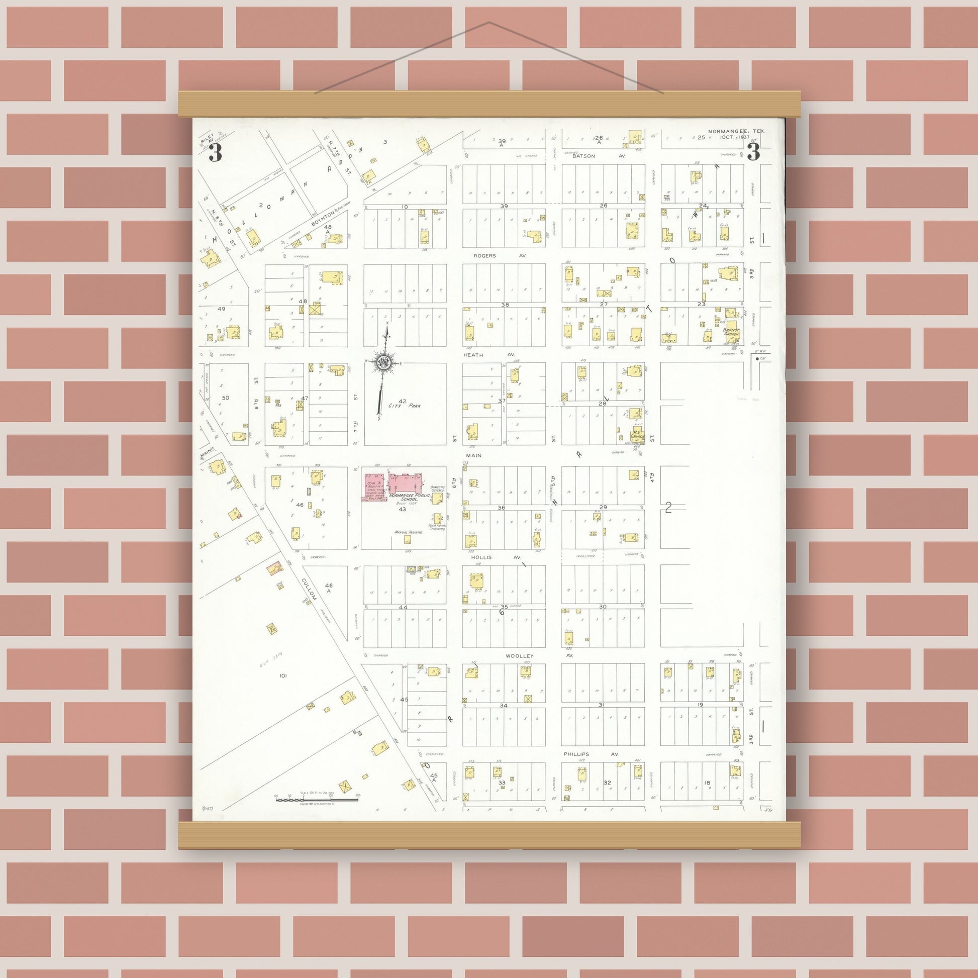 Old map wall art mockup — magnetic wood frame on brick wall — Sanborn Fire Insurance Map from Normangee, Leon County, Texas (1937), Sheet #0003