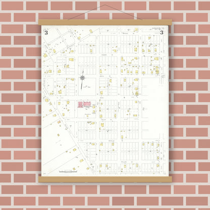 Old map wall art mockup — magnetic wood frame on brick wall — Sanborn Fire Insurance Map from Normangee, Leon County, Texas (1937), Sheet #0003