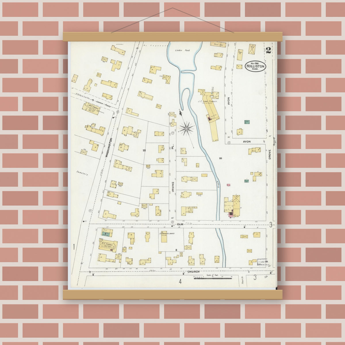 Old map wall art mockup — magnetic wood frame on brick wall — Sanborn Fire Insurance Map from Holliston, Middlesex County, Massachusetts (1906), Sheet #0002