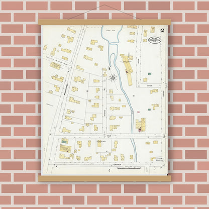 Old map wall art mockup — magnetic wood frame on brick wall — Sanborn Fire Insurance Map from Holliston, Middlesex County, Massachusetts (1906), Sheet #0002