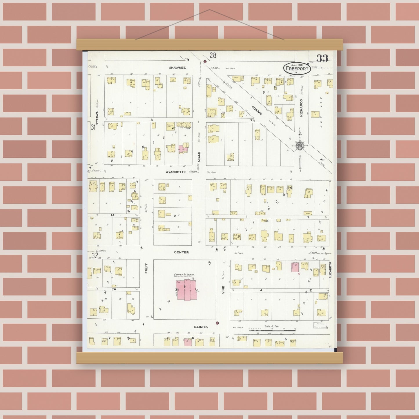 Old map wall art mockup — magnetic wood frame on brick wall — Sanborn Fire Insurance Map from Freeport, Stephenson County, Illinois (1910), Sheet #0033
