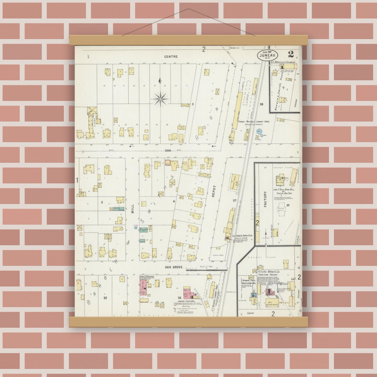 Old map wall art mockup — magnetic wood frame on brick wall — Sanborn Fire Insurance Map from Juneau, Dodge County, Wisconsin (1897), Sheet #0002
