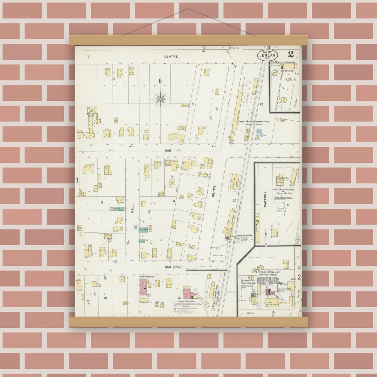 Old map wall art mockup — magnetic wood frame on brick wall — Sanborn Fire Insurance Map from Juneau, Dodge County, Wisconsin (1897), Sheet #0002