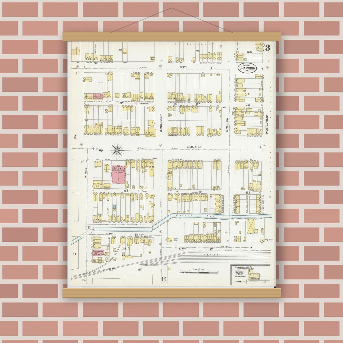 Old map wall art mockup — magnetic wood frame on brick wall — Sanborn Fire Insurance Map from Shamokin, Northumberland County, Pennsylvania (1901), Sheet #0003