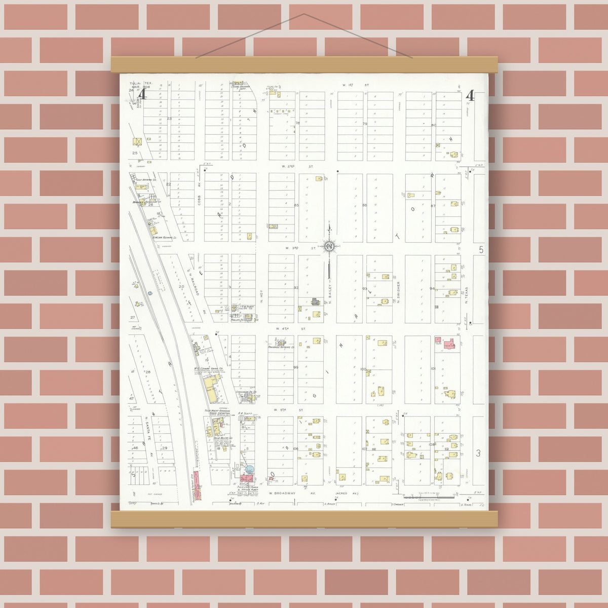 Old map wall art mockup — magnetic wood frame on brick wall — Sanborn Fire Insurance Map from Tulia, Swisher County, Texas (1936), Sheet #0004