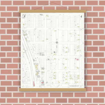 Old map wall art mockup — magnetic wood frame on brick wall — Sanborn Fire Insurance Map from Tulia, Swisher County, Texas (1936), Sheet #0004