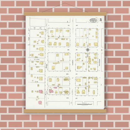 Old map wall art mockup — magnetic wood frame on brick wall — Sanborn Fire Insurance Map from Ferris, Ellis County, Texas (1921), Sheet #0005