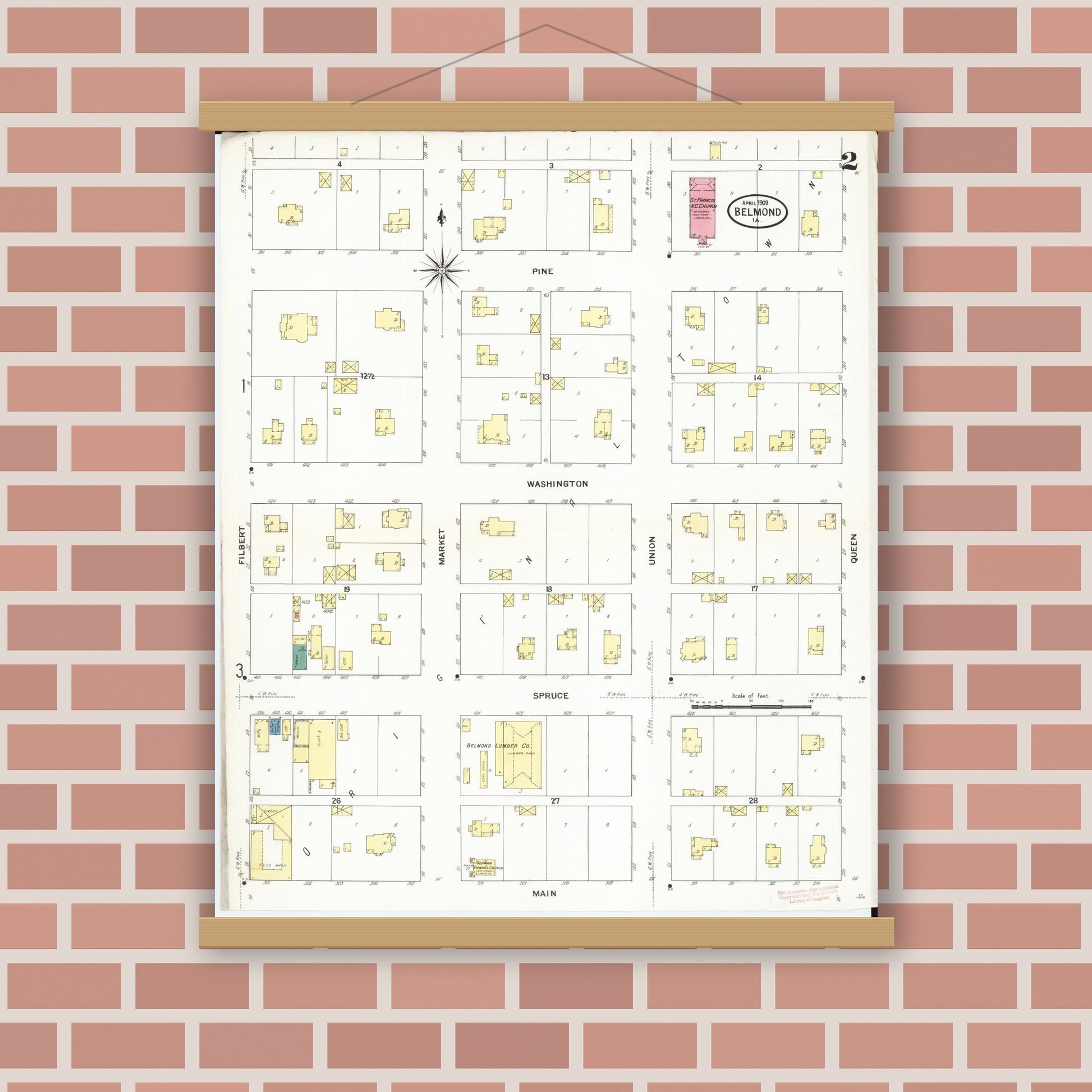 Old map wall art mockup — magnetic wood frame on brick wall — Sanborn Fire Insurance Map from Belmond, Wright County, Iowa (1909), Sheet #0002