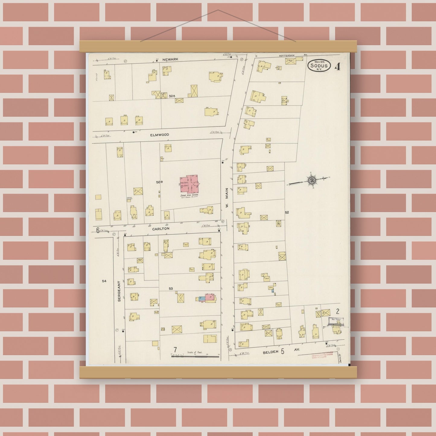Old map wall art mockup — magnetic wood frame on brick wall — Sanborn Fire Insurance Map from Sodus, Wayne County, New York (1915), Sheet #0004