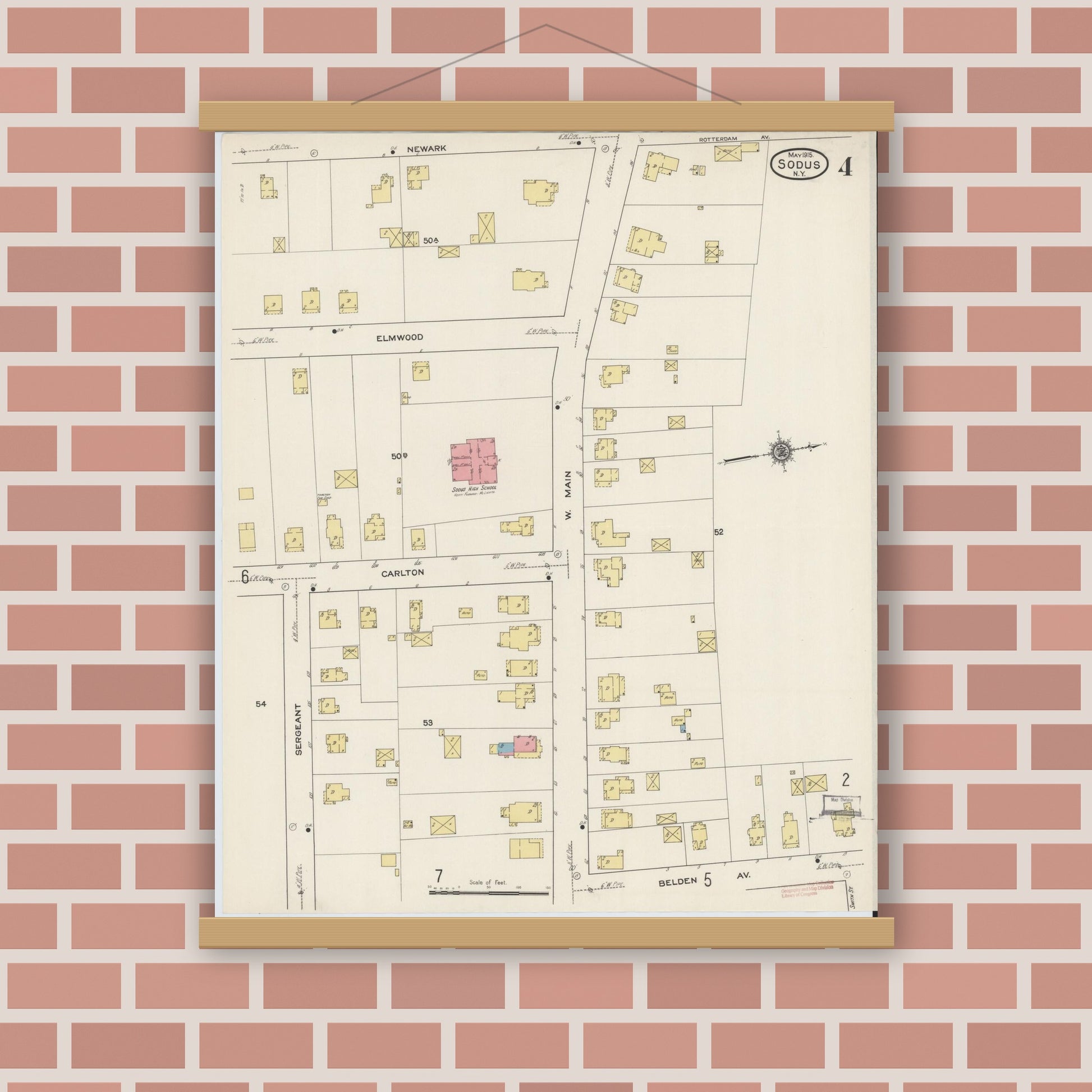 Old map wall art mockup — magnetic wood frame on brick wall — Sanborn Fire Insurance Map from Sodus, Wayne County, New York (1915), Sheet #0004