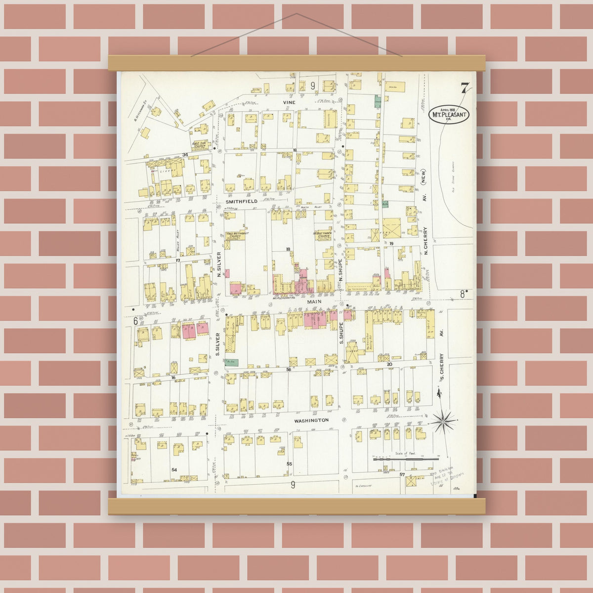 Old map wall art mockup — magnetic wood frame on brick wall — Sanborn Fire Insurance Map from Mount Pleasant, Westmoreland County, Pennsylvania (1908), Sheet #0007
