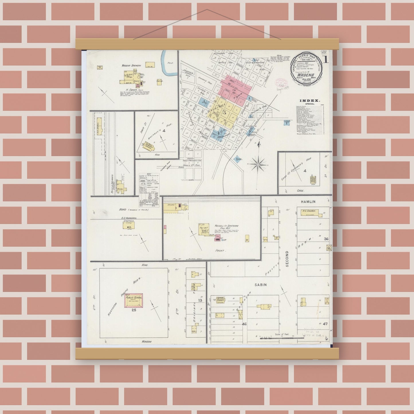 Old map wall art mockup — magnetic wood frame on brick wall — Sanborn Fire Insurance Map from Wadena, Wadena County, Minnesota (1894) - Complete Map Set