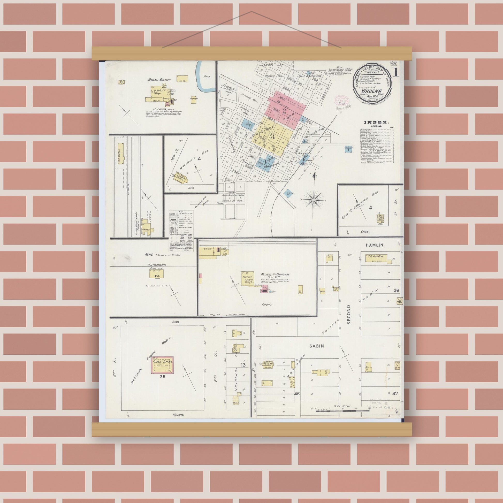 Old map wall art mockup — magnetic wood frame on brick wall — Sanborn Fire Insurance Map from Wadena, Wadena County, Minnesota (1894) - Complete Map Set