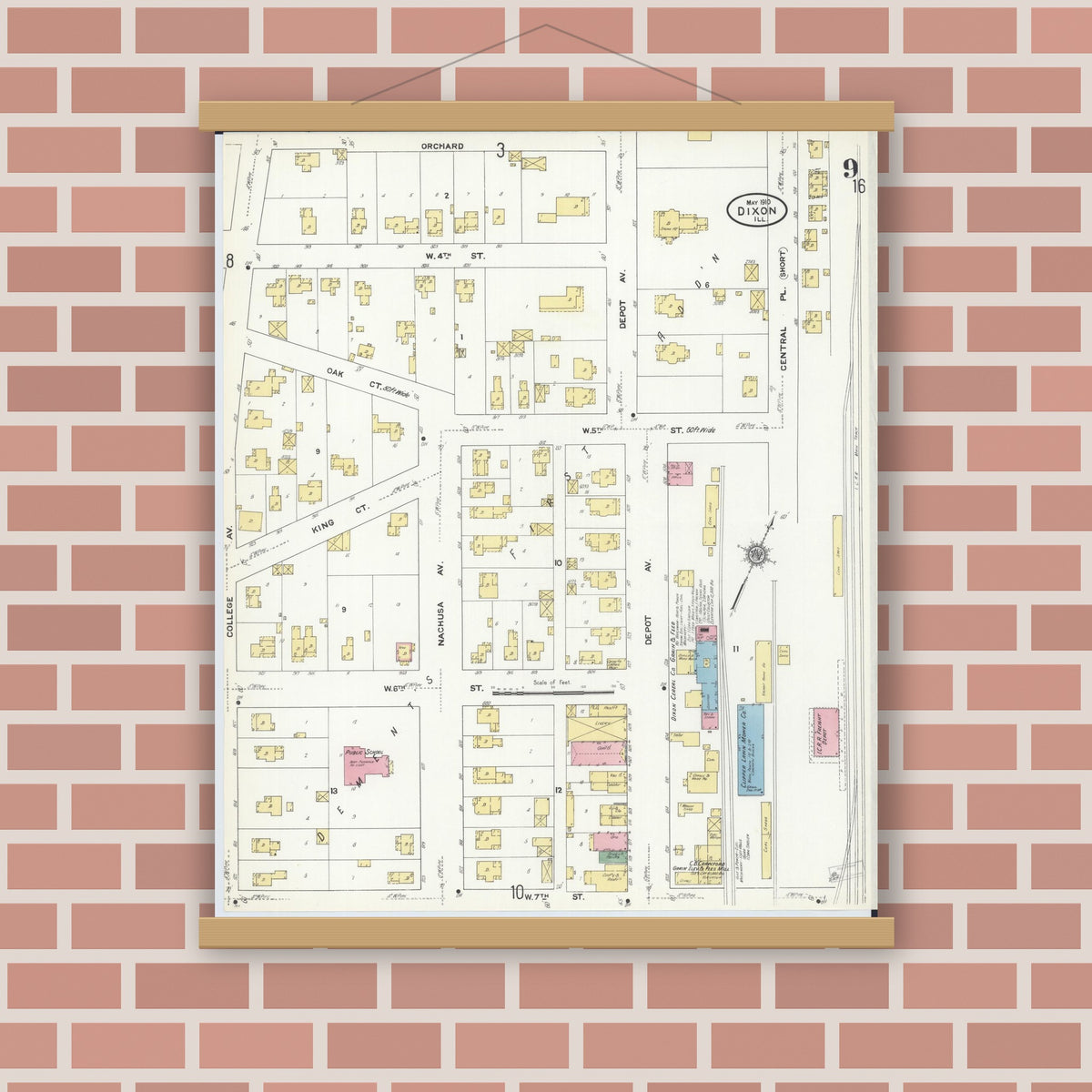 Old map wall art mockup — magnetic wood frame on brick wall — Sanborn Fire Insurance Map from Dixon, Lee County, Illinois (1910), Sheet #0009