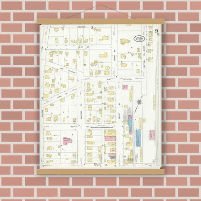 Old map wall art mockup — magnetic wood frame on brick wall — Sanborn Fire Insurance Map from Dixon, Lee County, Illinois (1910), Sheet #0009