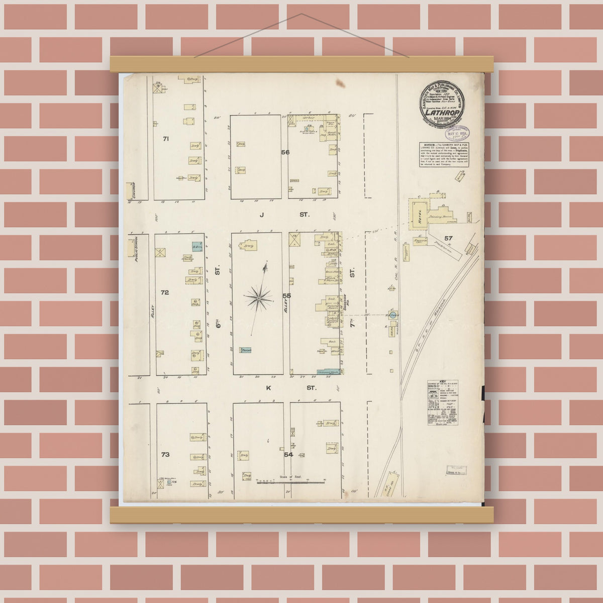 Old map wall art mockup — magnetic wood frame on brick wall — Sanborn Fire Insurance Map from Lathrop, San Joaquin County, California (1884), Sheet #0001