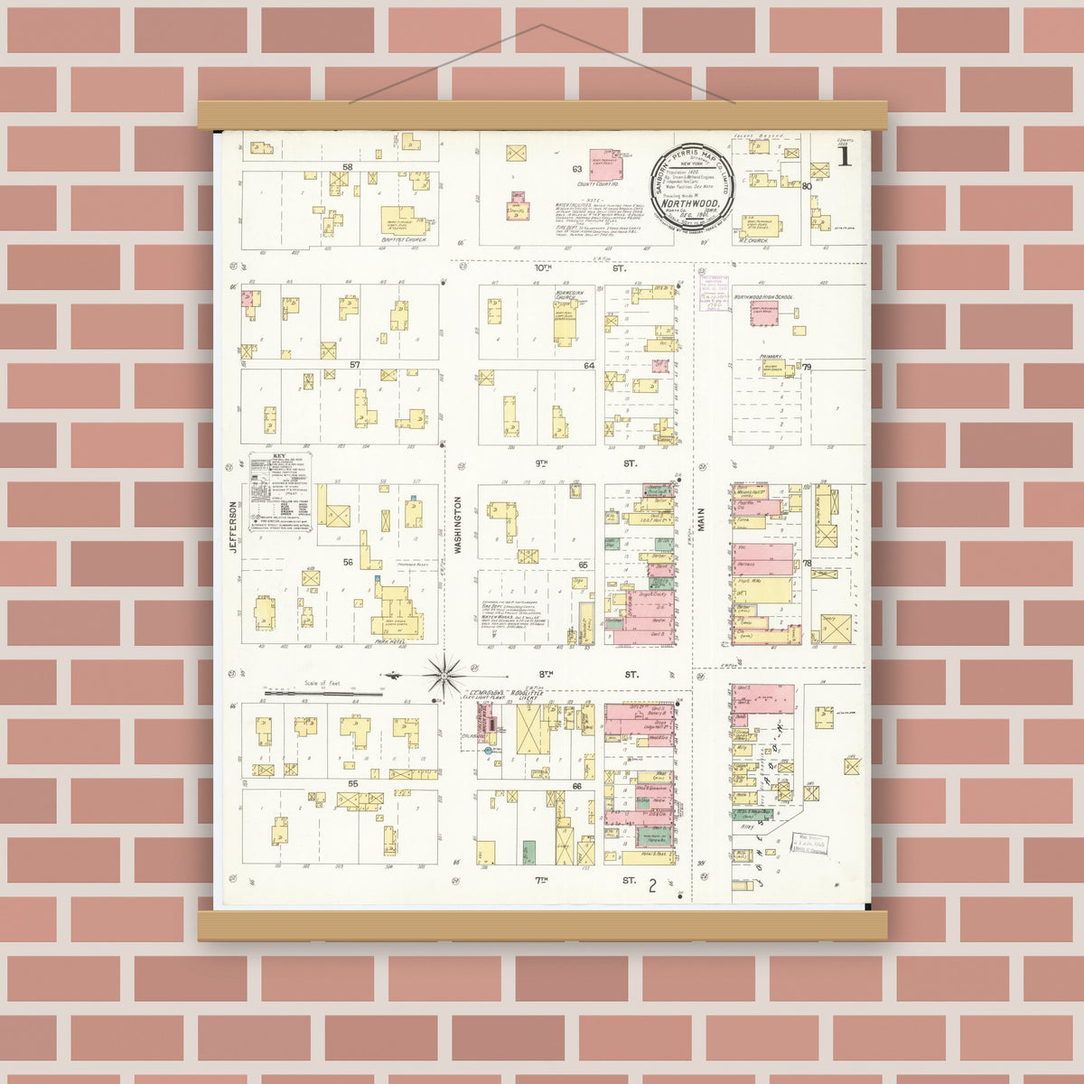 Old map wall art mockup — magnetic wood frame on brick wall — Sanborn Fire Insurance Map from Northwood, Worth County, Iowa (1901) â€” Complete Set