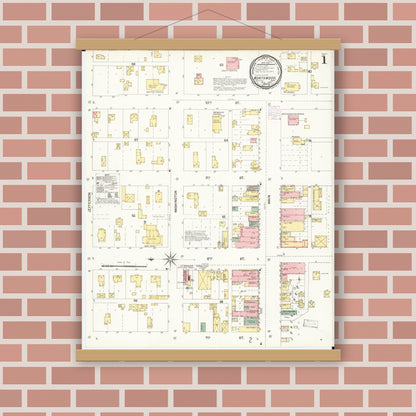Old map wall art mockup — magnetic wood frame on brick wall — Sanborn Fire Insurance Map from Northwood, Worth County, Iowa (1901) â€” Complete Set
