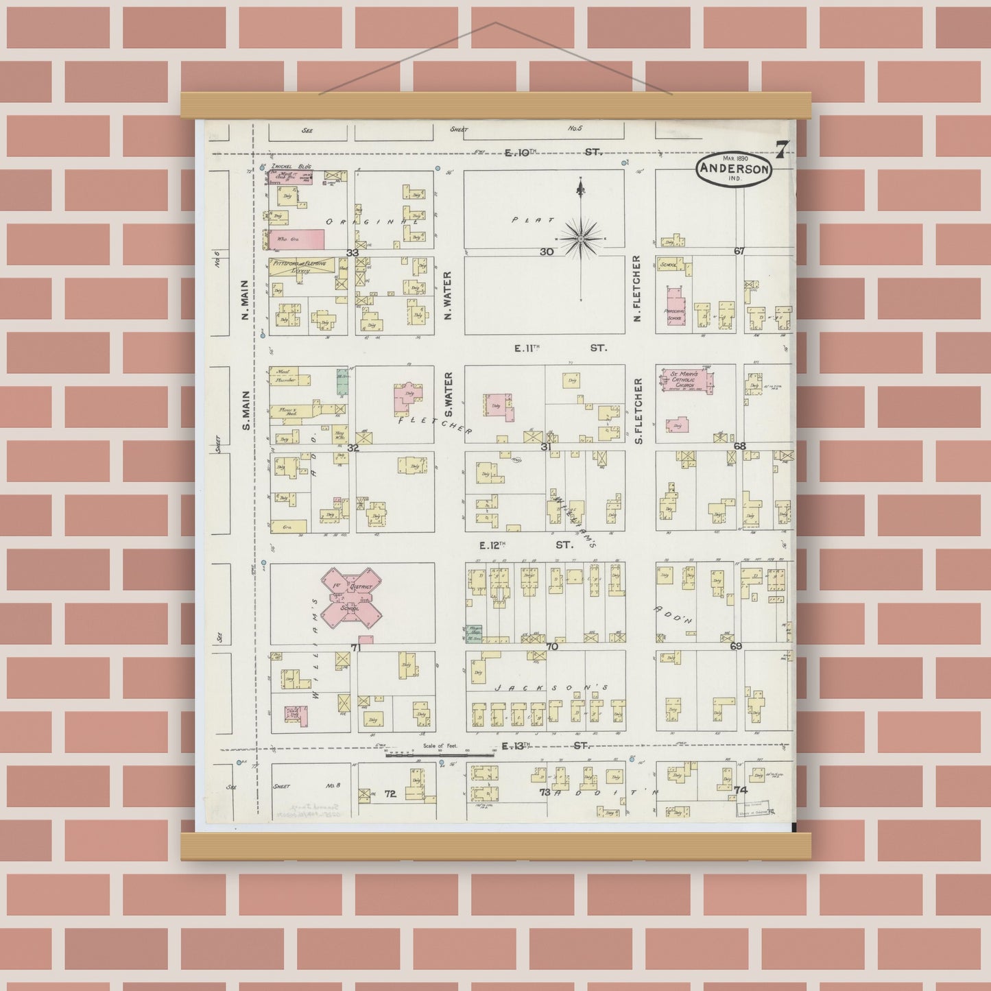 Old map wall art mockup — magnetic wood frame on brick wall — Sanborn Fire Insurance Map from Anderson, Madison County, Indiana (1890), Sheet #0007