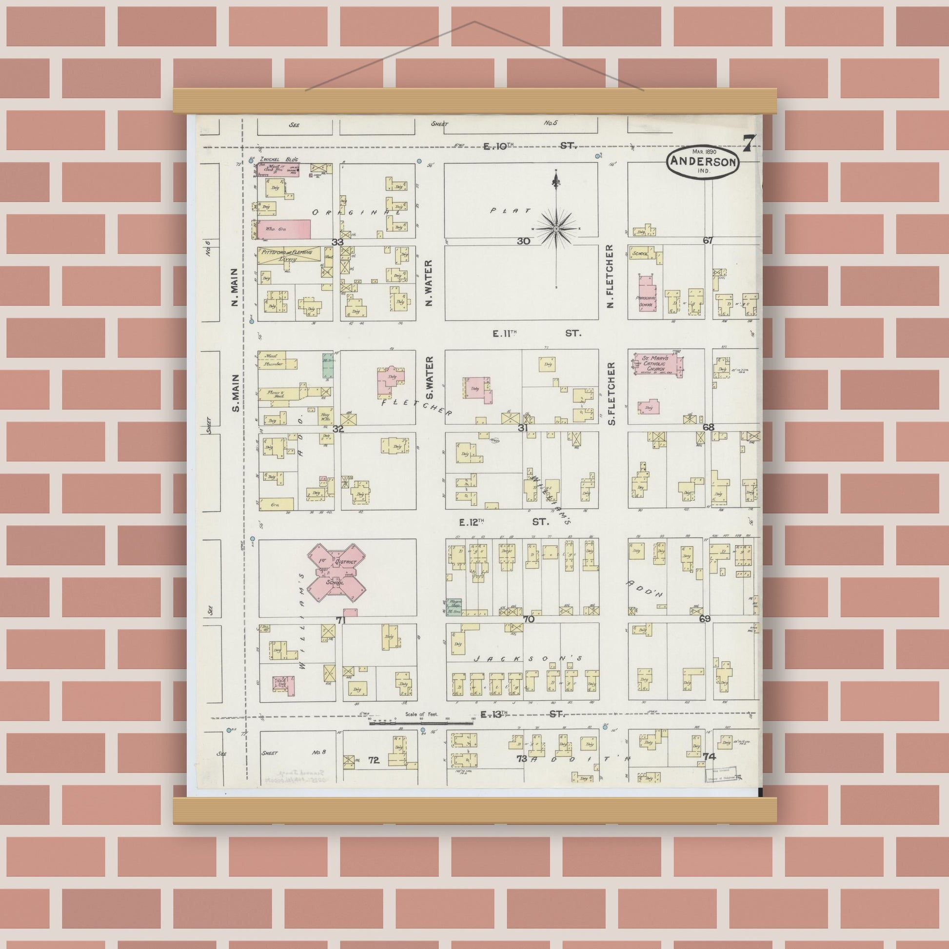 Old map wall art mockup — magnetic wood frame on brick wall — Sanborn Fire Insurance Map from Anderson, Madison County, Indiana (1890), Sheet #0007